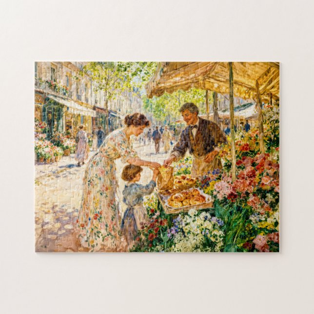 Impressionistisk mor och barn på färgglatt torg  pussel (Horisontell)