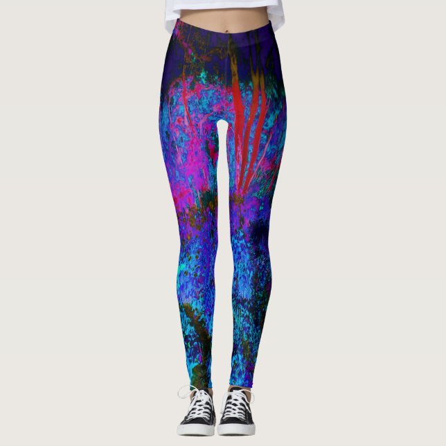 Impressionistisk mörkblå och röd trädgårdslandskap leggings (Framsida)