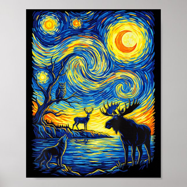 Impressionistisk natur konst Älg Varg Uggla Poster (Framsidan)