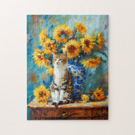 Impressionistisk Oljemålning av katt av solros B Pussel