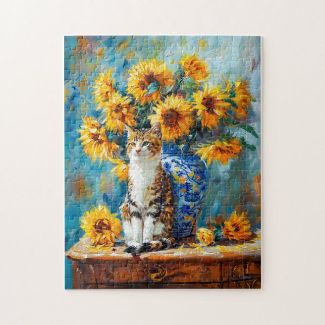 Impressionistisk Oljemålning av katt av solros B Pussel (Vertikal)