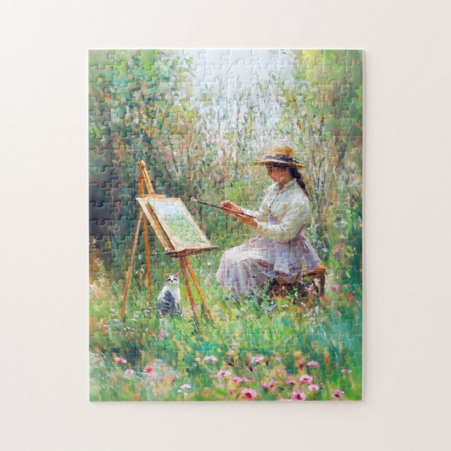 Impressionistisk Oljemålning av katt bredvid utomh Pussel (Vertikal)