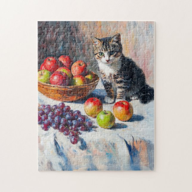 Impressionistisk oljemålning av katt i stilleben  pussel (Vertikal)