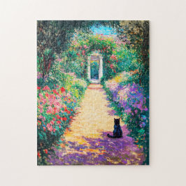Impressionistisk oljemålning av katt på blomsterli pussel