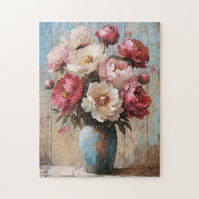Impressionistisk Rosa Flowers Blue Vas Pussel (Vertikal)