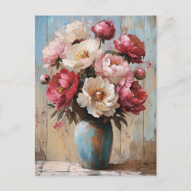 Impressionistisk Rosa Flowers Blue Vas Vykort (Framsida)