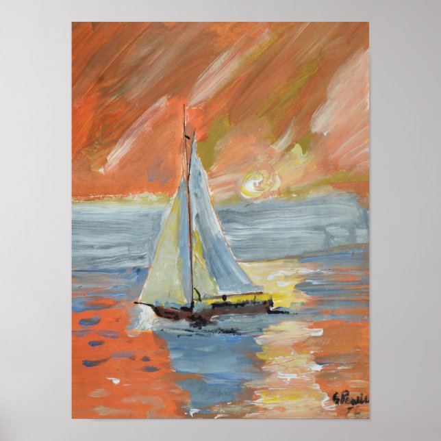 Impressionistisk segelbåt i gyllene solnedgång poster (Framsidan)