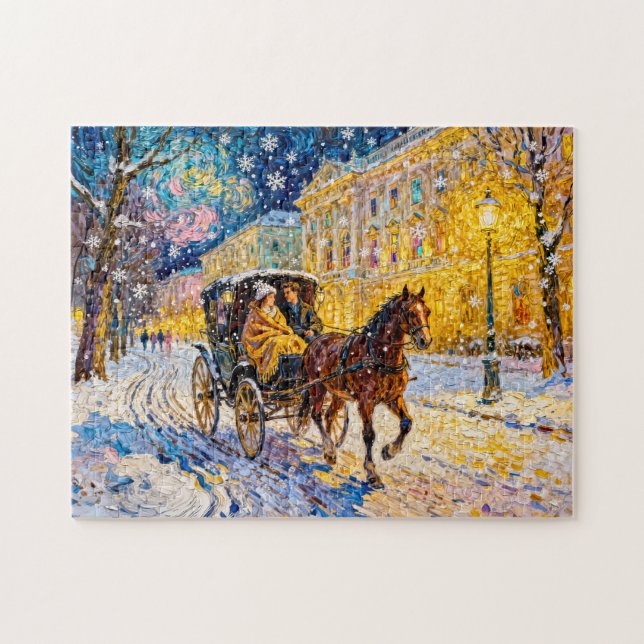 Impressionistisk snöig stadsnatt med passerande va pussel (Horisontell)