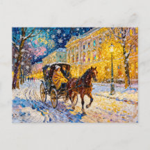Impressionistisk snöig stadsnatt med passerande va