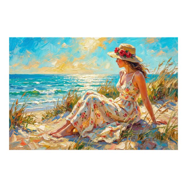 Impressionistisk stranddam oljemålning – sommar fototryck (Framsidan)