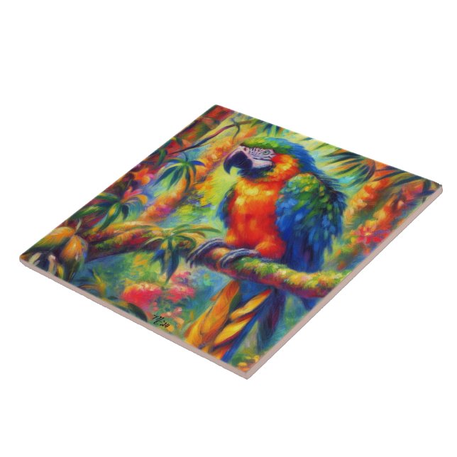 Impressionistisk Tropical Parrot Bird Blue-Grönt Kakelplatta (Sidan)