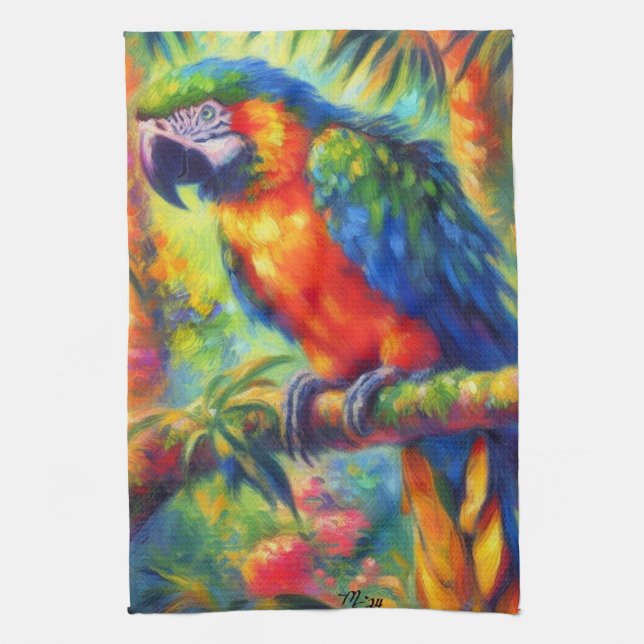 Impressionistisk Tropical Parrot Bird Blue-Grönt Kökshandduk (Vertikal)