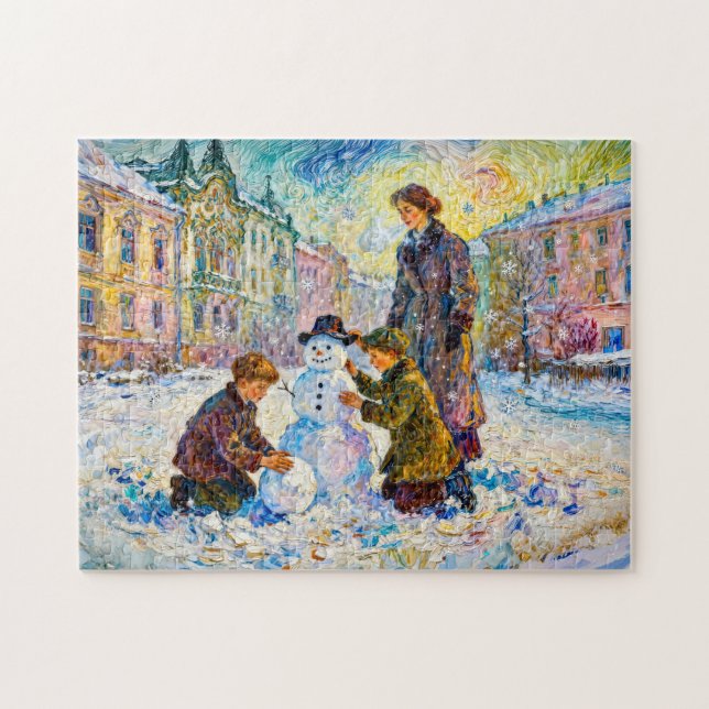 Impressionistisk vintersceneri med barn Sn Pussel (Horisontell)