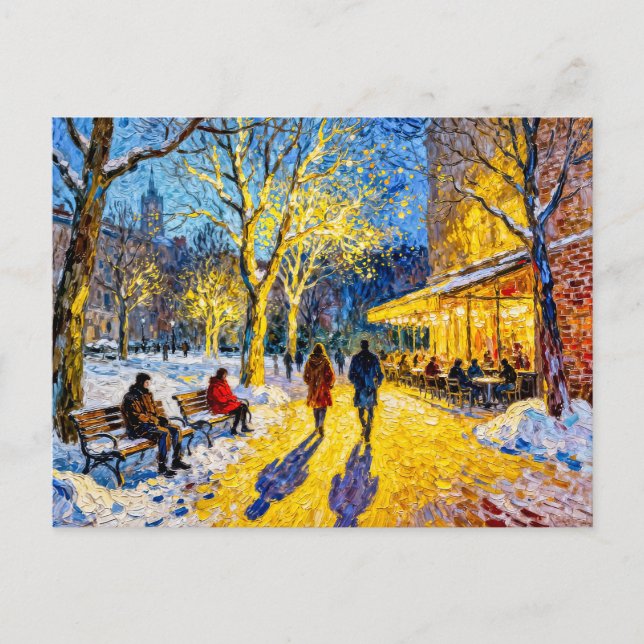 Impressionistisk vinterstadssceneri från park med  vykort (Framsida)