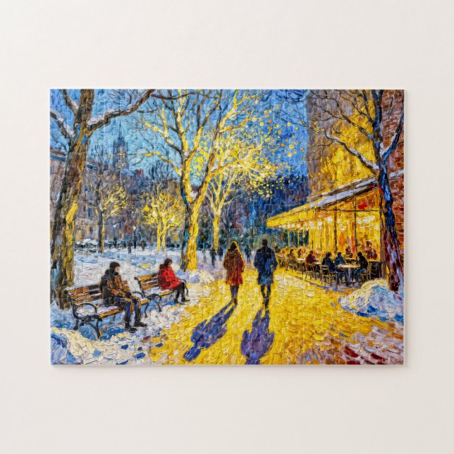 Impressionistisk vinterstadssceneri med restaurang pussel (Horisontell)