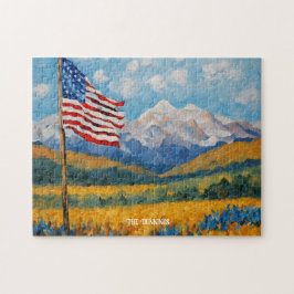 Impressionistiska amerikanska Flagga och berg Pussel