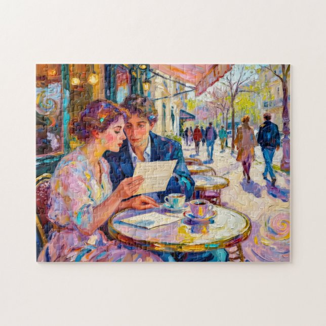 Impressionistiskt kaffepare Läsande och debatteran Pussel (Horisontell)