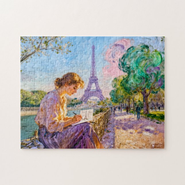 Impressionistiskt Paris flodpromenad vykort skriva Pussel (Horisontell)