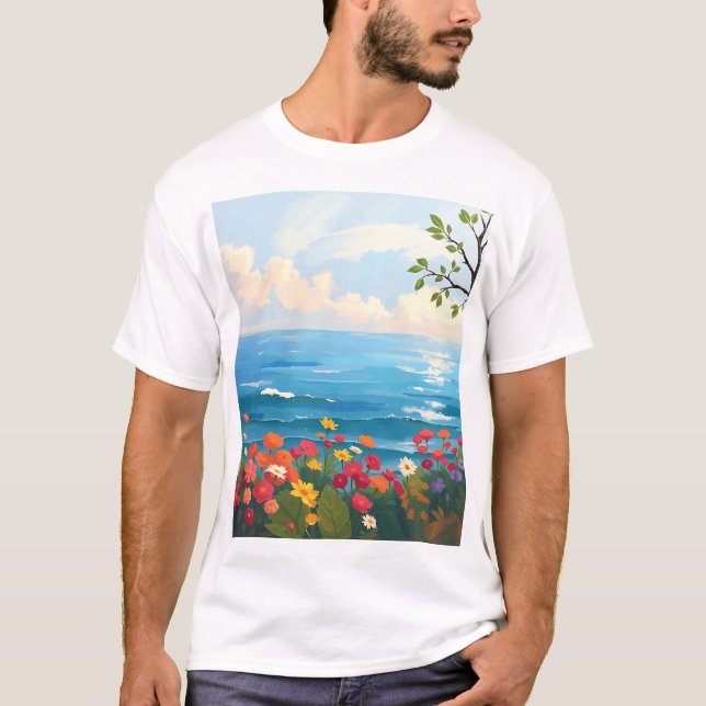 Impressionistiskt Sjölandskap med Blooming Garden T Shirt (Framsida)