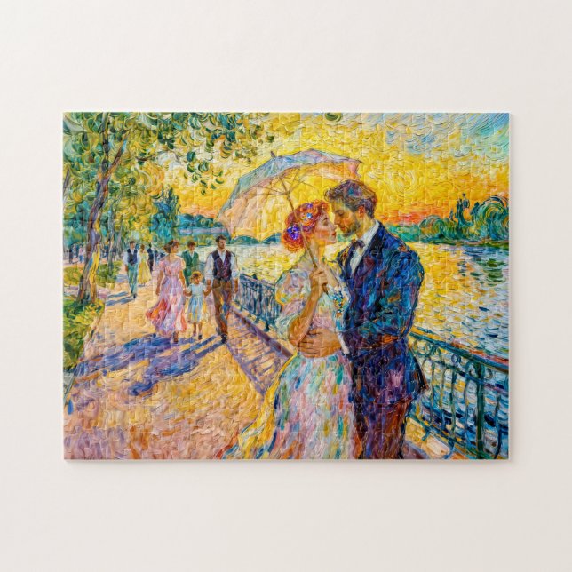 Impressionistiskt solnedgångsromantik vid flodprom pussel (Horisontell)