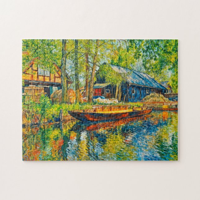 Impressionistiskt Spreewald-gårdshus med träbåt Pussel (Horisontell)