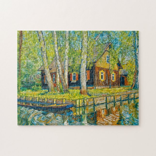 Impressionistiskt Spreewald-hus vid en lugn kanal  Pussel (Horisontell)
