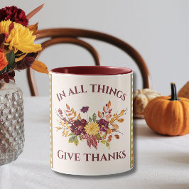 In All Things Give Thanks Burgundy Gold Damask Mugg