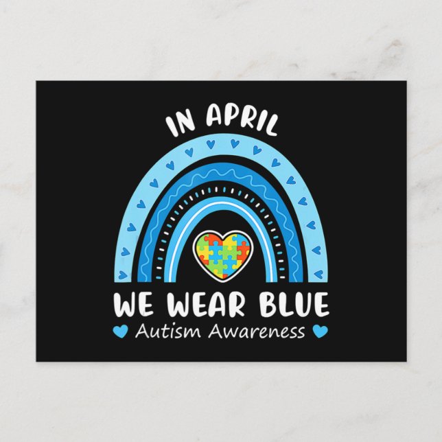 In April We Wear Blue Rainbow Autism Awareness Puz Vykort (Framsida)