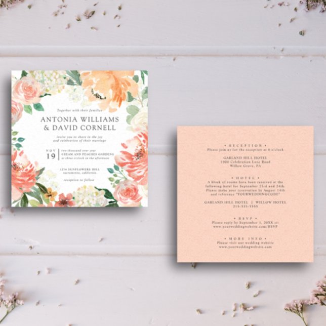 In-bloom | Alla i en persiko-Rosa Botaniskt bröllo Inbjudningar (ALL IN ONE WEDDING MOCKUP WITH MODERN LAYOUT AND FLOWERS)