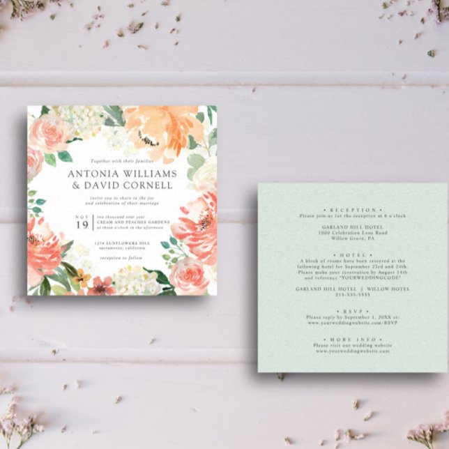 In-bloom | Alla i en persiko-Rosa Botaniskt bröllo Inbjudningar (Floral square all in one wedding invitation featuring modern layout  peach, pink blush flower )