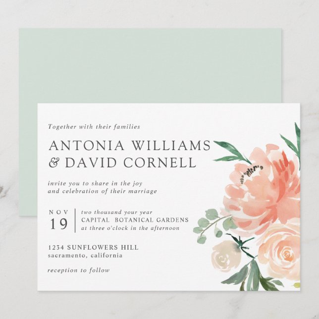 In-bloom | Chic Botanisk Rosa Blommigt bröllop Inv Inbjudningar (Fram/baksida)
