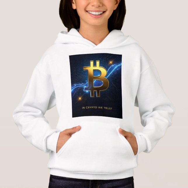 In Crypto We Trust Kids Bitcoin Hoodie T Shirt (Framsida)