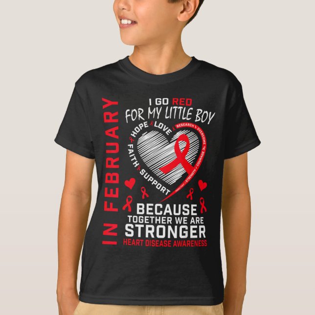 In February I Go Red Little Boy Son Heart Disease  T Shirt (Framsida)