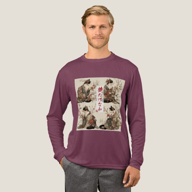 "In Full Bloom" Japanese Cat in Kimono Art T Shirt (Hel framsida)