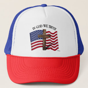 In God We Trust with Rugged Cross and US Flag Keps