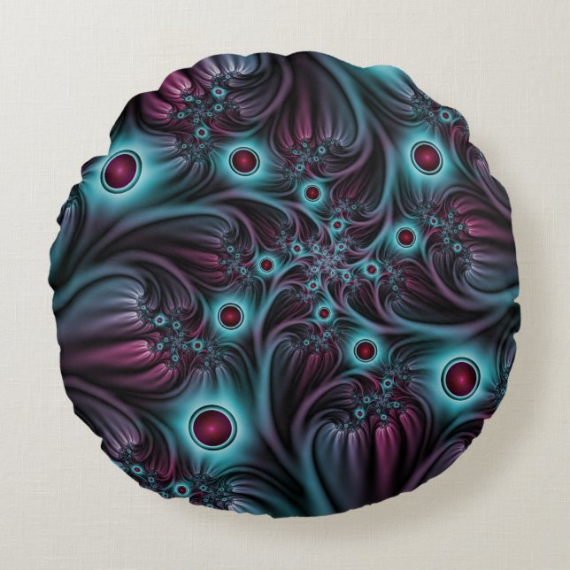 In i djupblått Rosa Abstrakt Fractal Art Rund Kudde (Framsidan)