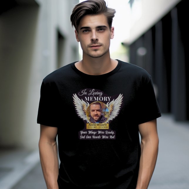 In Loving Memory Angel Vingar Photo Memorial T Shirt (In Loving Memory Angel Wings Photo Memorial T Shirt, White, Gold)