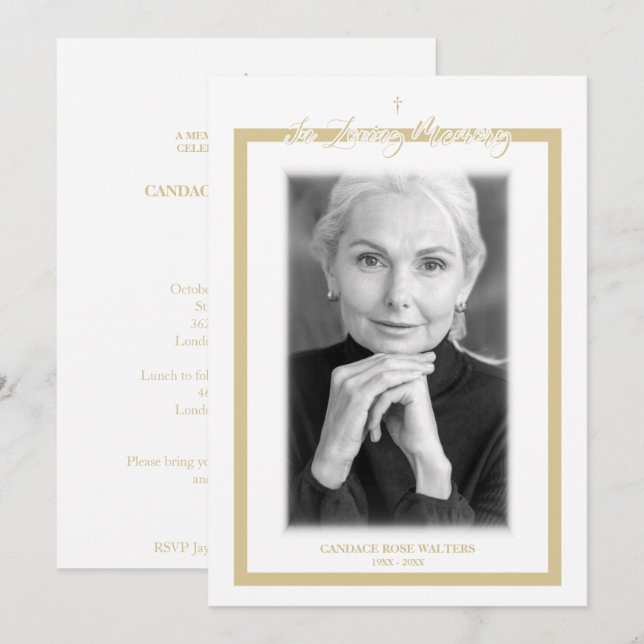 In Loving Memory B&W Golden Photo Service Dear Anteckningskort (Fram/baksida)