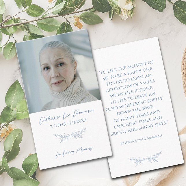In Loving Memory Blue Botanical Photo Prayer Card Visitkort (In Loving Memory Blue Botanical Photo Prayer Card)