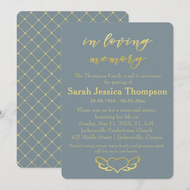 In Loving Memory - Blue & Guld Memorial Service Inbjudningar (Fram/baksida)