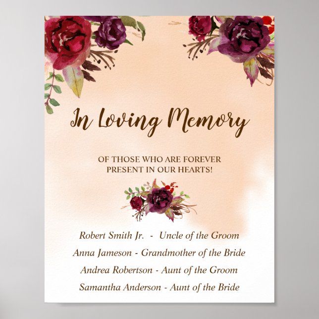 In Loving Memory Burgundy Flowers Bröllop Sign Poster (Framsidan)