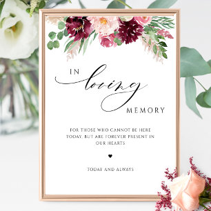 In Loving Memory Burgundy Rosa Blommigt Bröllop Poster