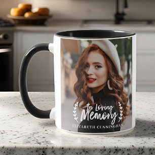 In Loving Memory Cursive Foliage Photo Memorial Mugg