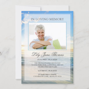 In Loving Memory Elegant Beach Photo Funeral Inbjudningar
