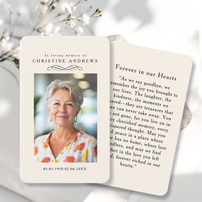 "In loving Memory" Elegant  Beige Photo Prayer  Visitkort ("In loving Memory" Elegant Beige Photo Prayer Business Card)