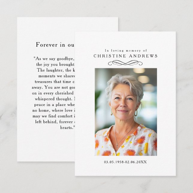 "In loving Memory" Elegant White Photo Prayer (Fram/baksida)