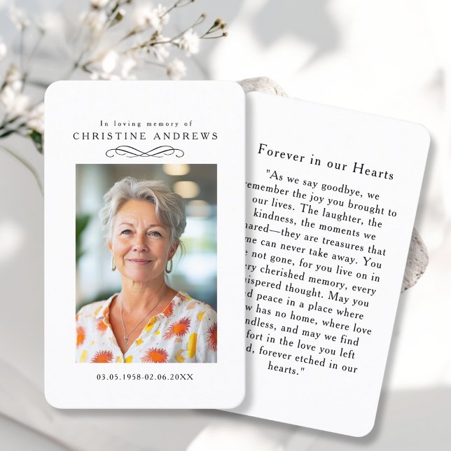 "In loving Memory" Elegant White Photo Prayer  Visitkort ("In loving Memory" Elegant White Photo Prayer Business Card)