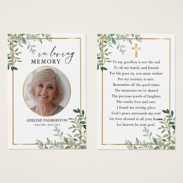 In loving Memory Floral Cross Funeral Prayer Cards Visitkort (Framsida & baksida)