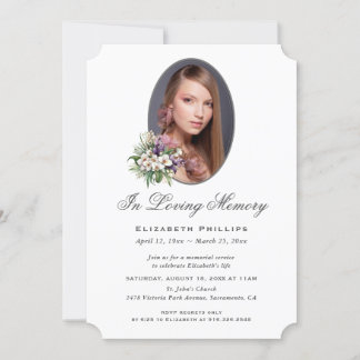In Loving Memory Lila White Blommigt Photo Inbjudningar