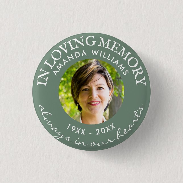 In Loving Memory Modern Sage Grönt Photo Memorial Knapp (Framsida)